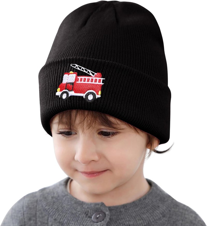 KDVOG Store Kids Knit Beanie Cute Fire Trucks Embroidery Warm Cuffed Skull Caps Classic Autumn Winter Hats for Boys Girls 3-8 Years - Image 2